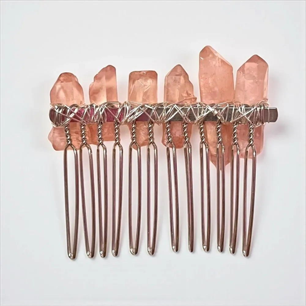 Handmade Genuine Rose Quartz Crystal Hair Comb